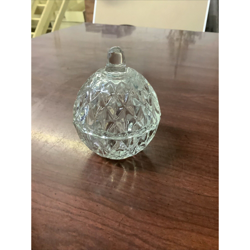 Apple Trinket Box Glass Ring Dish & Lid Diamond Pattern Vintage